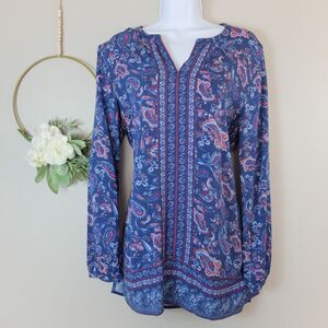 J Jill Blue Paisley Print Long Sleeves Tunic Top Size Medium